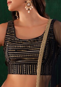 Black Embossed Square Neck Sleeveless Women's Lehenga Choli and <b>Skirt</b> Set for Diwali Spring Wedding Party Occasions - Product Image 3