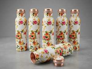 Bouteille d'eau en cuivre avec motif floral oriental, portable, pour les voyages, avec couvercle, impression feuille d'argent, bouteille d'eau en cuivre - Product Image 1
