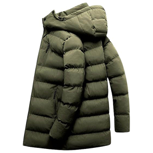 Veste longue à capuche pour homme, vert olive, coupe-vent, épaisse, matelassée, hiver, col montant, poches avant à fermeture éclair camouflage - Product Image 2