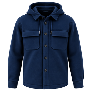 <b>Mens</b> Navy Blue Hooded Shacket Jacket With Button Closure Double Chest Pockets <b>Long</b> Sleeves Textured Fabric Casual Outerwear For - Product Image 1