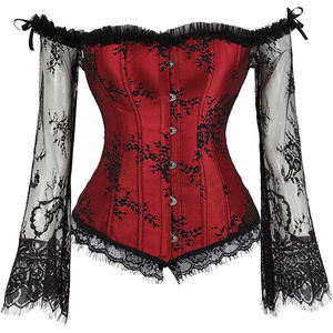 Women's Red Corset With Black Lace Off Shoulder Design Firm Control Shapewear Breathable Satin Fabric Adult Size - Product Image 1
