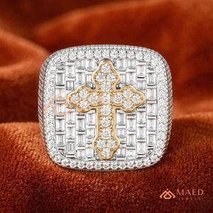 Men’s Iced Out Square <b>Statement</b> <b>Ring</b> with 18k 14k Gold Plated Cross Centerpiece – Baguette and Round Cut Simulated Diamond <b>Ring</b> - Product Image 1