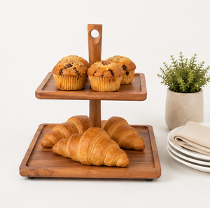 Handmade Acacia Wood 2 Tier <b>Cake</b> <b>Stand</b> Eco-Friendly Square Wooden Serving Tray & Dessert Display for Weddings Parties - Product Image 6