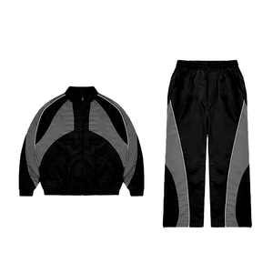 Survêtement unisexe en nylon avec empiècements, noir et gris, coupe-vent sportif à manches longues avec fermeture éclair et poches latérales, idéal pour l'été - Product Image 4