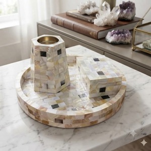 Pearl Inlay Tea Light Holder Set Decorative <b>Candle</b> Stand Tray Mother of Pearl Table Centerpiece for Home Decor - Product Image 2