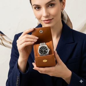 WRIZA Single <b>Watch</b> Roll Travel <b>Case</b> Premium Genuine Leather <b>Watch</b> Organizer Storage Box with Soft Suede Lining and Snap Closure - Product Image 6