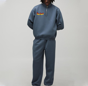 Men's Dark Blue Fleece Quarter <b>Zip</b> Sweatshirt Set with Flame Logo Print Front Street Style Winter Wear 100% Cotton - Product Image 1