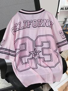 Maillot de sport en mesh personnalisé par sublimation, rose pastel, coupe oversize, streetwear unisexe, mode été, vente en gros OEM - Product Image 5