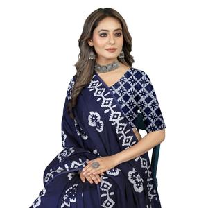 DISEÑADOR SUAVE ALGODÓN BATIK ESTAMPADO SAREE CON BLUSA SIN COSTAR AZUL MARINO - Product Image 1
