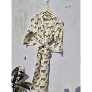 Bata de casa de algodón puro con estampado indio, kimono de verano, pareo de playa/ropa cómoda para embarazadas |   Leopa con Rayas Rosa y Amarillo Mostaza Fresco - Product Image 1