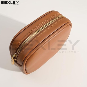 Tan Rounded Square Cosmetic Leather Bag Compact Zipper <b>Makeup</b> <b>Case</b> Custom Logo Private Label OEM ODM Wholesale Supplier - Product Image 2