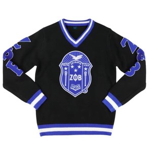 Pull en laine et acrylique noir à col en V Zeta Phi Beta avec broderie des lettres grecques ZPB, bordure côtelée, vêtement en maille premium pour femme - Product Image 1