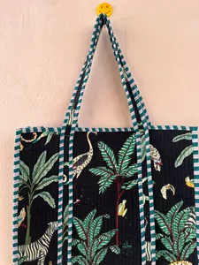 Sac fourre-tout en coton matelassé noir bohème avec imprimé animalier, sac de shopping ouvert décontracté d'été pour femmes - Product Image 5