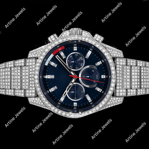 Montre de luxe multifonction à cadran bleu sertie de diamants CZ, en acier inoxydable, style hip-hop pour hommes - Product Image 2