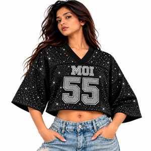 <b>Y2K</b> Women's Black Rhinestone Cropped Jersey V Neck Oversized Short Sleeve Number Graphic Streetwear Sportswear Custom Teamwear - Product Image 1