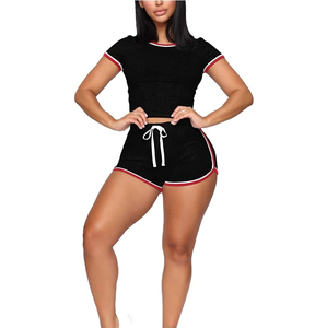 High Street Customized Cotton/Spandex Women's Neckline T-Shirts & <b>Booty</b> Shorts Stripped Skinny Fit Women Gym Training Wear OEM - Product Image 5
