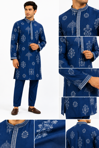 Mens Ethnic Blue Printed Cotton Kurta Pajama <b>Set</b> Embroidered Neck Indian Traditional Festival Outfit Wholesale Supplier B2B - Product Image 5
