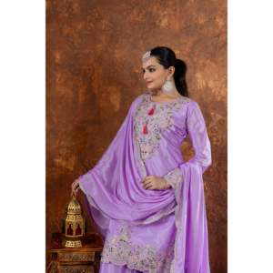 ชุดสูทปาร์ตี้ผ้าไหมชินอนแท้ของผู้หญิงดีไซน์เนอร์เสื้อหรูหรา plazzo & dupatta-สำหรับสวมใส่ทางการ - Product Image 3