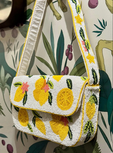 Sac fourre-tout en toile brodé fait main pour femme, motif citron perlé, style ange, avec fermeture éclair, idéal pour l'été et les fêtes à la plage - Product Image 5