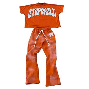 Ensemble de survêtement décontracté respirant avec logo frontal, T-shirt court et ample, et pantalon évasé, pour ODM/OEM - Product Image 1