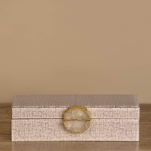 Boîte de rangement pour bijoux en verre beige lin avec accent en pierre naturelle, bordure dorée, finition brillante, doublure douce, organisateur décoratif pour souvenirs - Product Image 1