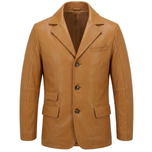 <b>Men's</b> Genuine Leather <b>Pea</b> Coat Double Breasted Stand Collar Autumn Winter Outerwear Wholesale Supplier - Product Image 1
