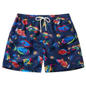 Short de bain pour homme bleu marine à imprimé poisson, séchage rapide, avec cordon de serrage, short de plage décontracté - Product Image 1