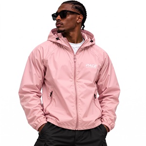 mens peach salmon orange windbreaker jacket lightweight water repellent nylon <b>zip</b> <b>up</b> gym running sports coat streetwear - Product Image 5