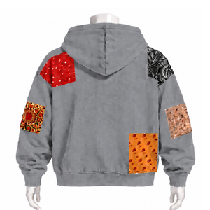 Sweat à capuche gris en polaire d'hiver, patchwork, imprimé, avec fermeture éclair intégrale, coupe oversize, éco-responsable, décontracté - Product Image 2