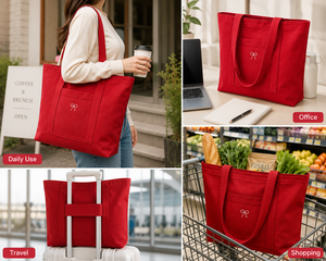 <b>Red</b> Canvas Tote Bag With <b>Bow</b> Embroidery Solid Color Minimalist Style All Seasons Shopping Bag - Product Image 4