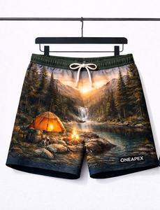 Shorts de bain pour hommes, motif paysage de camping, imprimé cascade, forêt, feu de camp, séchage rapide - Product Image 5