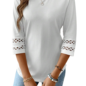 <b>Womens</b> Casual <b>Long</b> Sleeve Top Round Neck Loose Fit <b>Shirt</b> With Lace Sleeve Detail Elegant Everyday Fashion Clothing For <b>Women</b> - Product Image 3