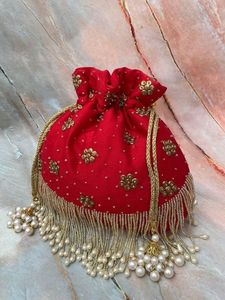 Women Evening Party Silk Potli Bag <b>Fuchsia</b> Pink Bead Work Wedding Bridal Drawstring Purse Ethnic <b>Handbag</b> Wholesale Supplier - Product Image 3