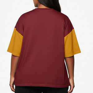 <b>Top</b> Trending Women's <b>Maroon</b> And Mustard Color Blocking T-Shirt With Logo Print Crew Neck Casual Short Sleeve 100% Cotton Jersey - Product Image 2