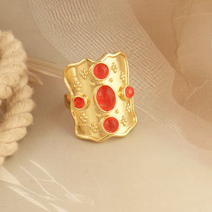 Bague ajustable en laiton massif plaqué or avec perles et pierres précieuses en jade rouge, grande taille, pour femme, idéale pour les cadeaux - Product Image 4