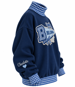 Sweat-shirt surdimensionné à col montant pour femme, patchwork personnalisé à carreaux vichy, streetwear décontracté d'hiver - Product Image 2