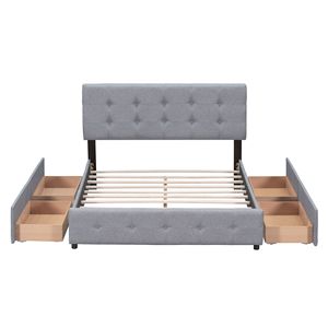 Letto matrimoniale imbottito grigio chiaro con testiera classica e 4 cassetti, non necessita di rete a doghe, in tessuto di lino - Product Image 6