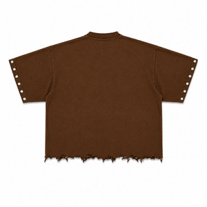 Men's Oversized Brown Casual Shirt Short Sleeve Stand Collar Distressed Hem Studs Detail Summer Style - Product Image 2