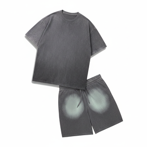 2026 Premium Men's Summer Sun-Faded Grey T-Shirt and Shorts <b>Set</b> 100% Cotton <b>Knitted</b> Fabric Dip Dye Technique Shorts 2 Piece <b>Set</b> - Product Image 5