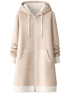 Sudadera con capucha larga personalizada con cremallera, color beige, abrigo de invierno de forro polar para mujer, sudadera informal extragrande con bolsillos, OEM personalizado - Product Image 1