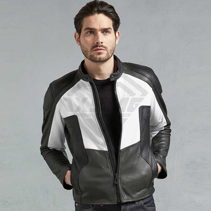 Blouson de motard en cuir véritable haut de gamme personnalisé pour homme – Manteau de course moto bicolore élégant – Vêtement en cuir véritable de haute qualité - Product Image 1