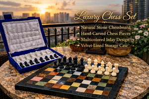 Ensemble d'échecs de luxe Royal Heritage en pierre, chef-d'œuvre sculpté à la main, collection d'échecs, plateau d'échecs premium avec incrustations multicolores - Product Image 6