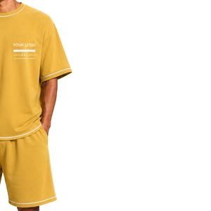 Mustard Yellow Mens Oversized T Shirt And Shorts <b>Set</b> White Contrast Piping Custom Logo Crew Neck Casual Streetwear Wholesale - Product Image 4