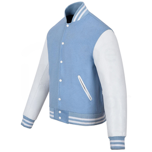 เสื้อแจ็คเก็ตวาร์ซิตี้สีฟ้าอ่อนสำหรับผู้ชาย แขนเสื้อสีขาว คอตั้ง สไตล์พรีปปี้ แจ็คเก็ตเบสบอลผ้าฝ้าย สำหรับใส่ในฤดูใบไม้ร่วง - Product Image 3