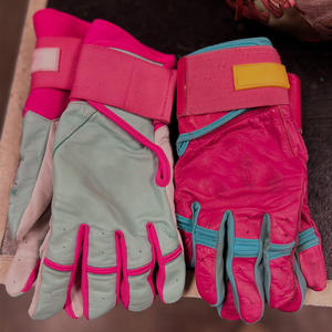 Pink Leather Batting Gloves With Wrist Support <b>Hook</b> And Loop Closure Unisex Adult Training Glove - Product Image 5