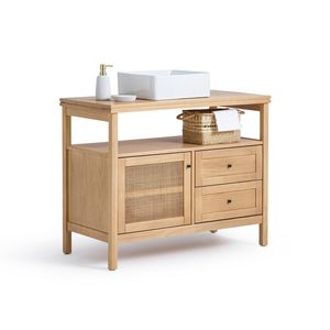 Meuble de salle de bain en teck massif avec porte en rotin et 2 tiroirs, console de salle de bain - Product Image 3