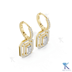Lab Grown Diamond Emerald Cut Double Halo Drop <b>Earrings</b> Pave <b>Hoop</b> Leverback 18K <b>Solid</b> Gold Classic Fine Women's Wedding Party - Product Image 6
