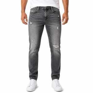 Jean en denim noir délavé pour homme, coupe droite, en coton, décontracté, séchage rapide, respirant, taille mi-haute, OEM ODM, vente en gros - Product Image 1