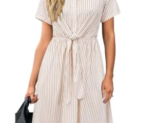 Robe midi trapèze personnalisée pour femme, col croisé, taille nouée, manches courtes |   Robe de travail décontractée en tissu Spandex/Polyester - Product Image 2