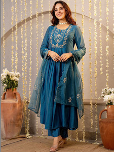 <b>Women</b> Teal Embroidered <b>Silk</b> Quick Dry Kurta Set <b>Trousers</b> Dupatta Traditional Regular Fit Knee-Length Indian Pakistani Wear - Product Image 1